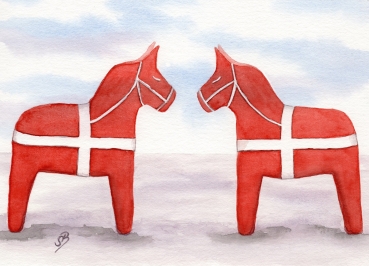 Poster DIN-A3 Aquarell Maritim Kunst Druck Kunstdruck Nordsee Dänemark Danmark  Blåvand Blavand rpte Pferde